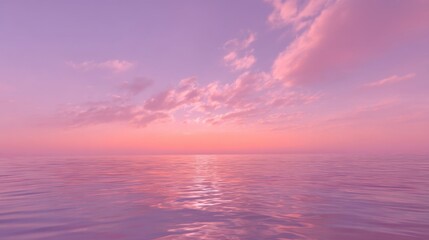 Naklejka premium Expansive ocean surface during sunrise or sunset with purple and pink sky, wispy clouds,
