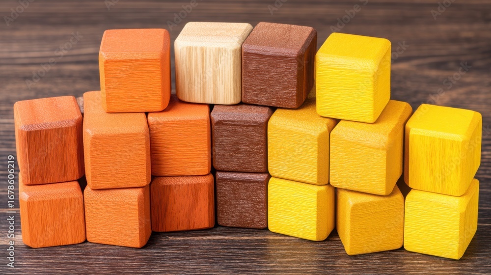 Poster a neatly stacked pile of wooden blocks representing creativity and construction in a playful and eng