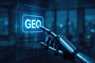 A robotic hand interacting with a glowing interface displaying the text GEO, symbolizing the concept of Generative Engine Optimization in a futuristic digital environment.