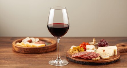 Naklejka premium Red Wine Accompanied by Cheese and Charcuterie Boards for an Elegant Aperitif.