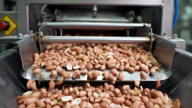Close Up Peanuts Skin Removal Process in Food Production Industry with Silver Metallic Platform and Strong Lighting Detail Production Showing Raw Materials and Automation