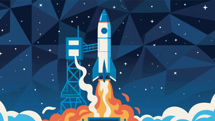 Illustration of Starship Rocket Launching from a Pad Design Template with Space Background © BedRoses