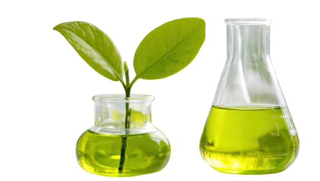 Green leaves sprout from flask;  liquid in flask