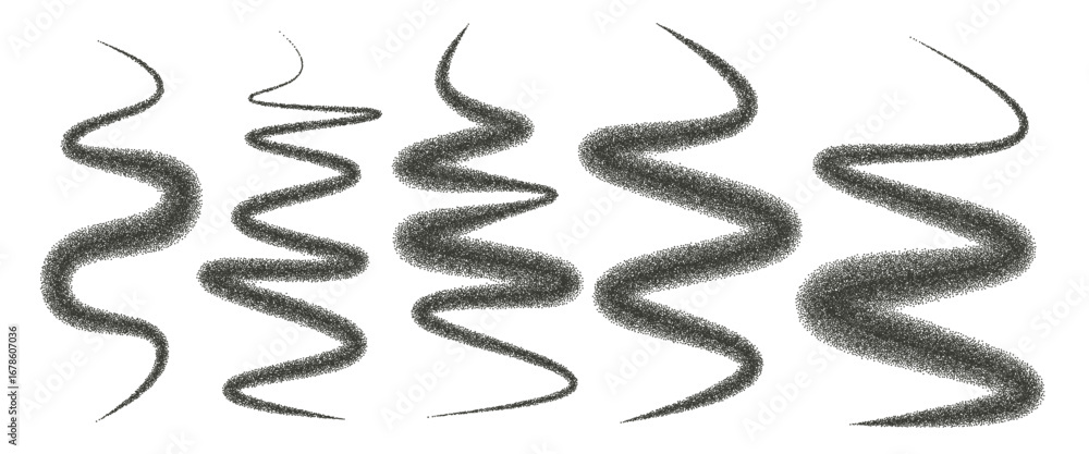 Poster dotwork abstract wavy line shapes set. random squiggles black grain textured. abstract stipple sand 