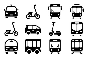 Collection of Black and White Icons Representing Various Modes of Transportation