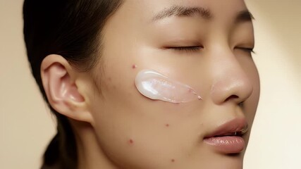 Asian Woman Applying Cream for Blemish Solution with Closed Eyes in a Beige Background Perfect for Cosmetic Ads and Beauty Routine Demonstrations in Skincare and Dermatology, Moisturizer