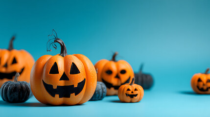 A collection of carved Halloween pumpkins with various expressions on a vibrant blue background