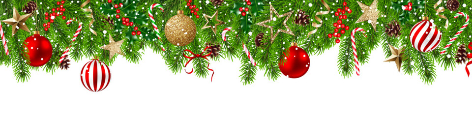 Christmas border, decoration background, fir branch, ball © Auguste Lange