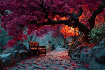 Serene park bench under a vibrant pink Japanese maple tree in autumn fall seating