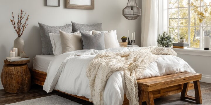A serene bedroom scene showcases a luxurious bed with crisp white bedding layered with textured gray and beige pillows and a chunky knit throw. A rustic wooden bench sits beneath the bed, 