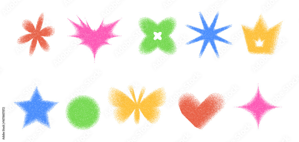 Poster grain gradient shapes. dots geometric figures set. y2k retro heart, star and circle with flower form