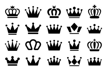 Collection of Black Crown Icons on White Background