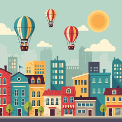 Fototapeta premium Colorful Cityscape with Floating Hot Air Balloons.