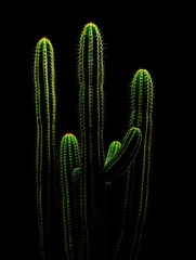 Cactus plants rise prominently with bright green tips highlighted against a dark backdrop, emphasizing their vertical lines and intricate details in low light