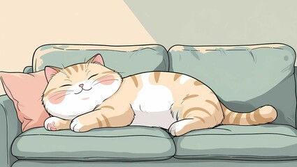 A lazy fat cat sleeping on the couch