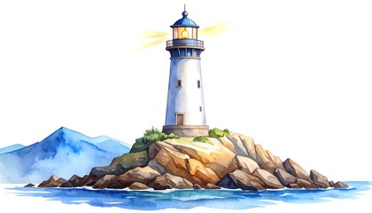Watercolor lighthouse on a rocky island © Benediktus
