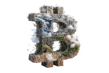 Bitcoin symbol sculpted from a rocky landscape, with clouds and water