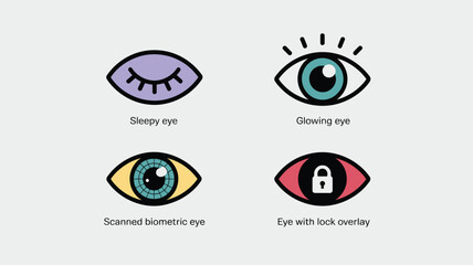 Four stylized eye icons depicting different states such as sleepy glowing scanned and locked overlayed