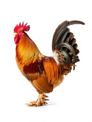 Fototapeta premium A rooster stands confidently with its feathers glistening in vibrant shades of red, orange, and brown. Its striking crown and proud stance highlight its unique characteristics