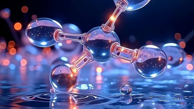 In a tranquil realm of vibrant hues, liquid crystal molecule with glowing particle orbitals spiral gracefully, their luminescent tendrils tracing elegant arcs in slow motion, illuminated by