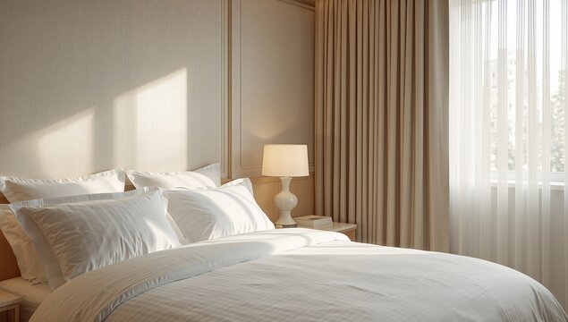 Serene Bedroom Interior with Natural Light, Neutral Tones and Elegant Decor.