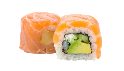 Salmon avocado sushi roll isolated on clean white background, delicious Japanese cuisine featuring fresh fish and creamy avocado wrapped in rice and seaweed, healthy snack option, gourmet meal, Asian 