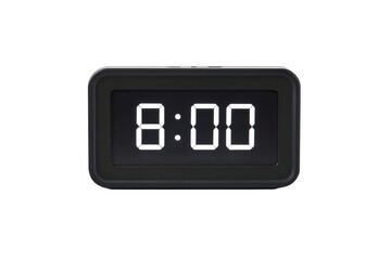 Digital alarm clock with glowing LED display showing 8:00, isolated on white background.