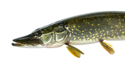 Fish, pike, predator, freshwater, aquatic, carnivorous, isolated, specimen, natural, wildlife, fishing, hunting, ecosystem, sharp-toothed, elongated, streamlined, greenish, spotted, hunting, aggressiv