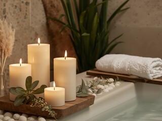 Serene Spa Scene. Candles, White Towel, and Botanical Elements for Relaxation.