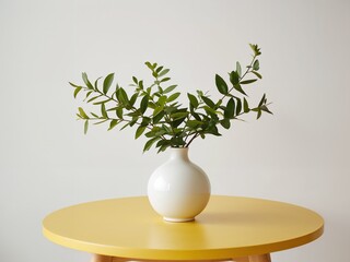 Fototapeta premium Serene Still Life. Green Foliage in a White Vase on a Yellow Circular Tabletop.