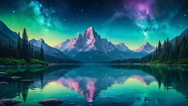 Majestic Mountain Lake at Night Under a Colorful Aurora. A serene lake reflecting a mountain range, framed by lush forests. - Powered by Adobe
