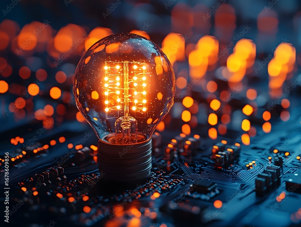 Poster a glowing led light bulb sits on an intricate circuit board symbolizing innovation technological adv