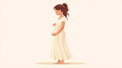A flat design of a pregnant woman standing in a flowing dress, holding her belly as she looks down with a calm expression. Cartoon style.