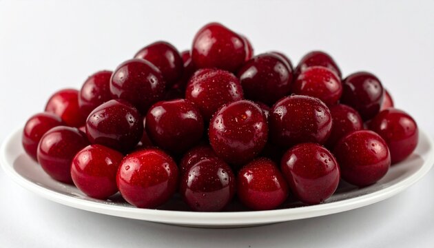 Cherries, fresh and vibrant, rest in a glistening pile upon a simple plate, their glossy red surfaces reflecting light beautifully, isolated against a clean white background, symbolizing freshness, ab - Powered by Adobe