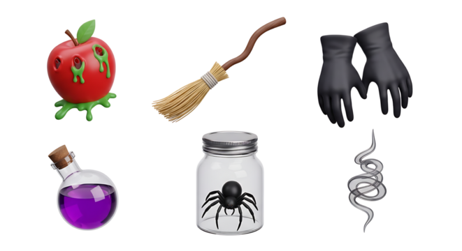 Collection of Halloween-themed elements including a witch's broom, potion, spider jar, gloves, and an apple with a snake