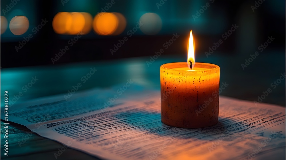 Poster a single flickering candle illuminates a document on a dark table creating a serene and contemplativ