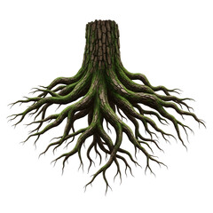 Exposed tree roots with intricate patterns, showcasing the strength and connection to nature, isolated on transparent background