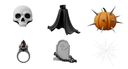 A captivating collection of eerie 3D rendered objects, perfect for Halloween themes and festive designs, featuring classic symbols like skulls, pumpkins, and tombstones for a spooky atmosphere