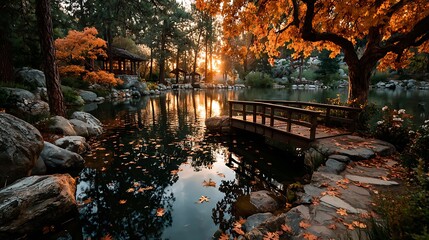 Tranquil Japanese garden with a pond, bridge, and autumn foliage fall