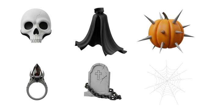 A captivating collection of eerie 3D rendered objects, perfect for Halloween themes and festive designs, featuring classic symbols like skulls, pumpkins, and tombstones for a spooky atmosphere