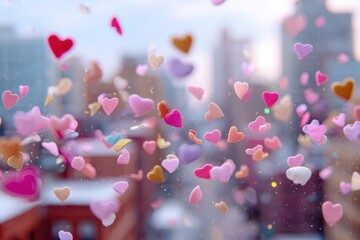 Colorful hearts confetti falling against a blurred city view