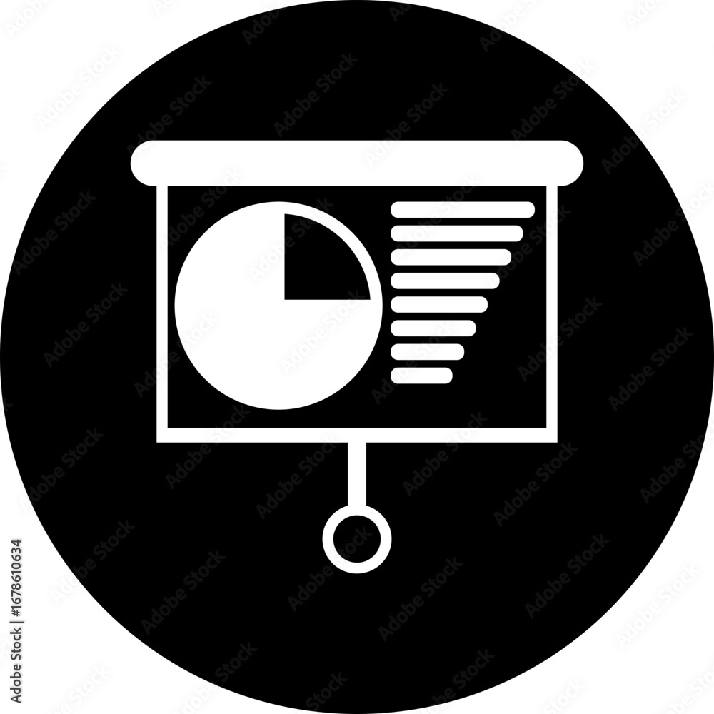 Poster presentation screen displaying a pie chart and horizontal bars on a black circular background