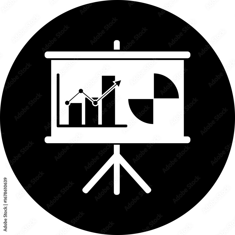 Aufkleber presentation screen displaying bar graph line chart and pie chart in a black circle background