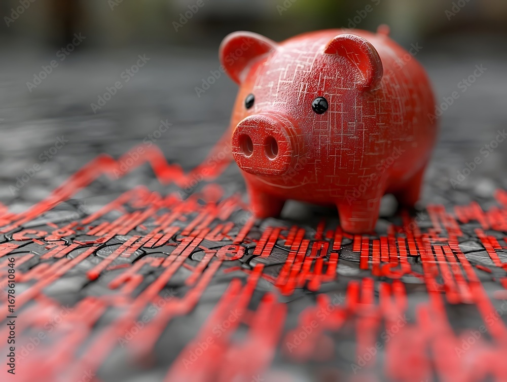 Poster a vibrant red piggy bank stands on a dark textured surface alongside an illuminated red graph depict