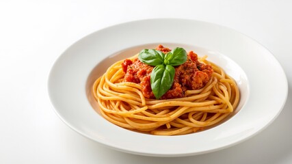 Spaghetti with Tomato Sauce and Basil. A Classic Italian Dish on White Plate.