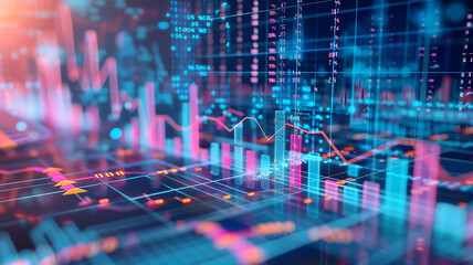 Visualize financial market data with colorful charts and glowing numbers.