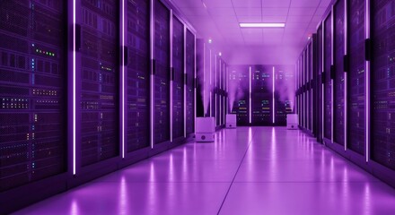 Modern data center corridor with server rack units glowing in vibrant violet light. Cloud computing and digital information storage concept.