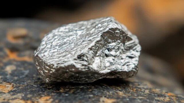 Metallic chunk specimen on textured rock material macro mineral raw silver color reflective surface