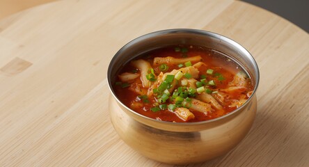 Spicy Korean Tteokbokki Soup with Rice Cakes and Scallions in a Golden Bowl