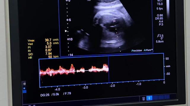 2D Ultrasound display of 37 weeks pregnant. Fetus ultrasound image that show important organs.	
